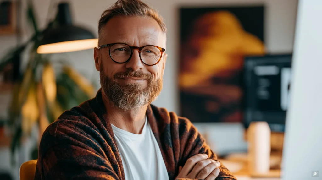 Mann mit Brille, grauem Bart und gemusterter Strickjacke sitzt mit verschränkten Armen