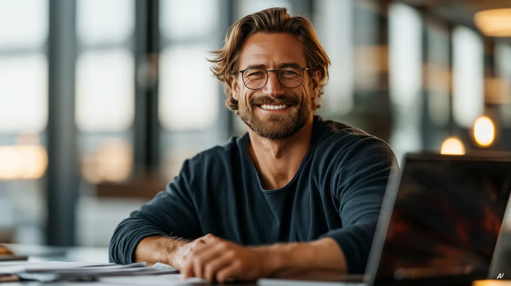 Mann mit runder Brille und dunkelblauem Shirt stützt die Arme auf einen Tisch mit Unterlagen