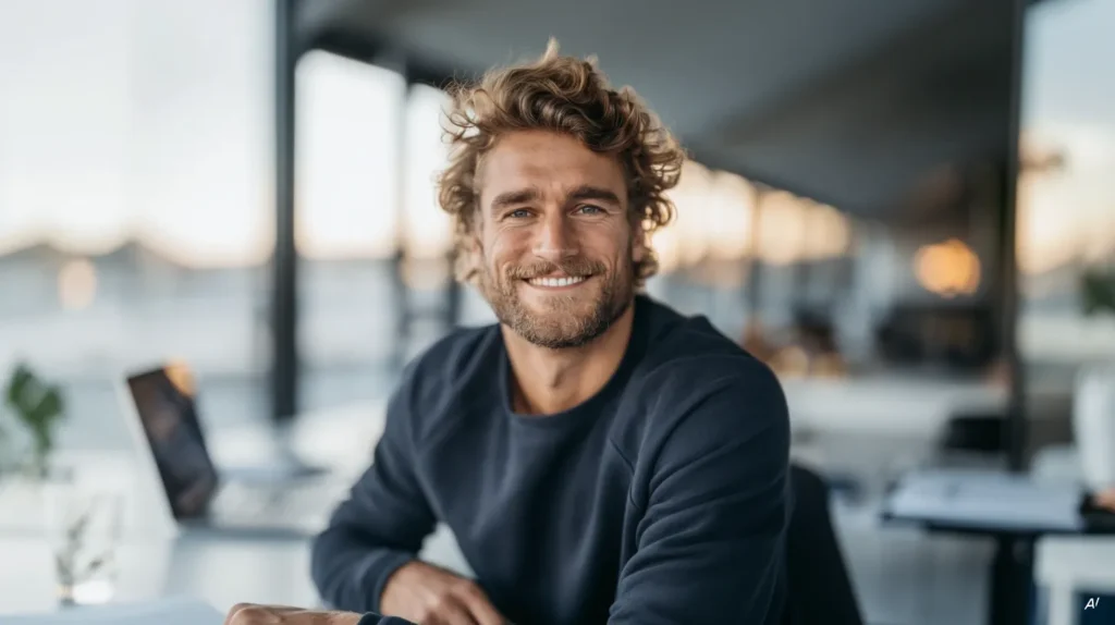 Mann im dunkelblauen Sweatshirt am Tisch, links eine kleine Pflanze im Glas, warmes Abendlicht
