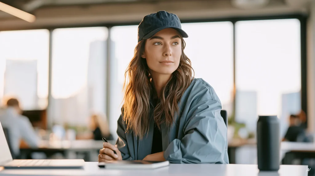 Frau mit Cap und graublauer Jacke hält einen Stift und blickt zur Seite, dahinter ein offenes Büro