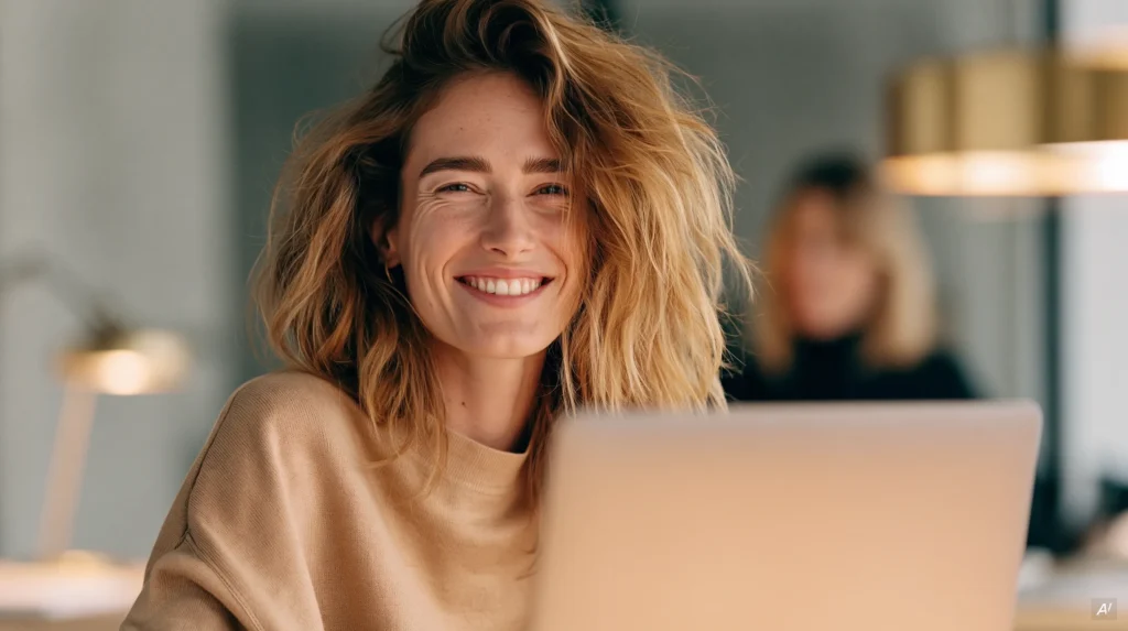 Lachende Frau mit wuscheligem Haar im beigen Strickpullover an einem hellen Laptop