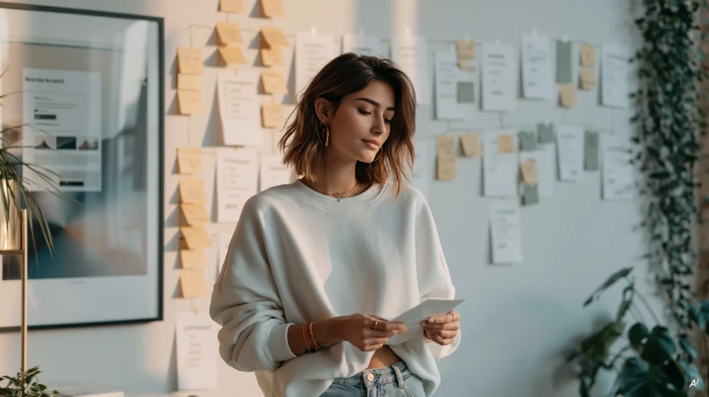 Frau im weißen Sweatshirt hält eine Karte vor einer Wand voller Notizzettel