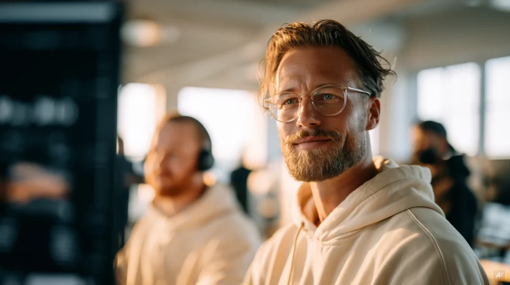 Mann mit Brille und cremefarbenem Hoodie blickt in die Kamera, dahinter ein Kollege mit Kopfhörern