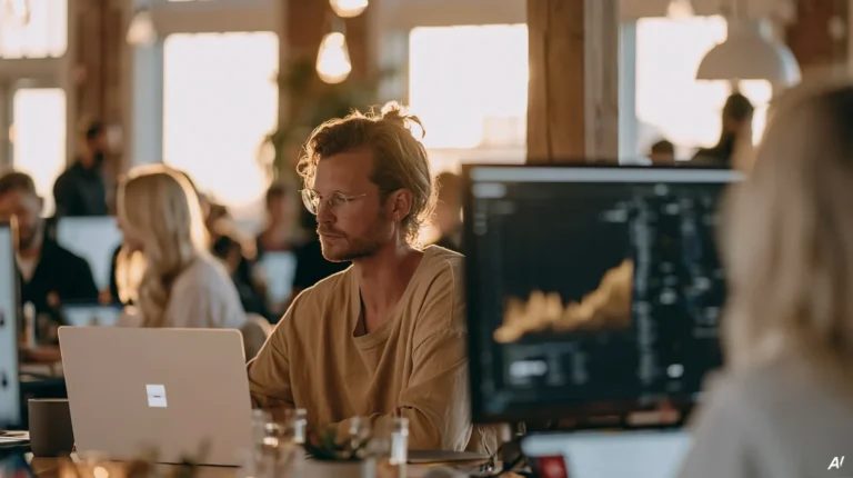 Mann am Laptop betrachtet konzentriert ein Diagramm auf dem großen Monitor daneben