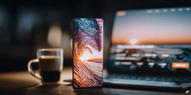 Smartphone mit Wellenbild steht neben einem Laptop mit Website auf einem dunklen Schreibtisch