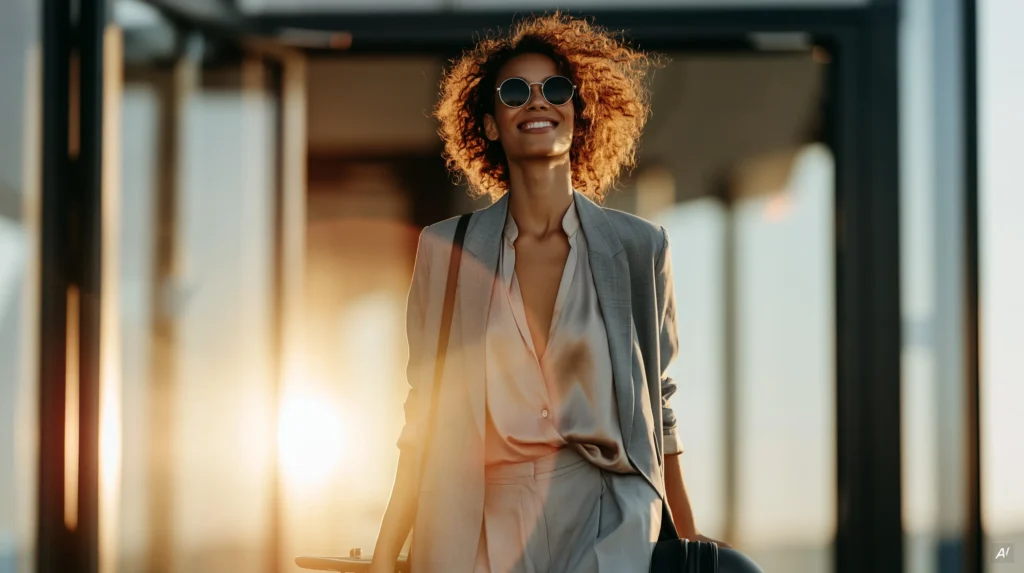Frau mit Lockenkopf und runder Sonnenbrille im grauen Blazer, warmes Gegenlicht