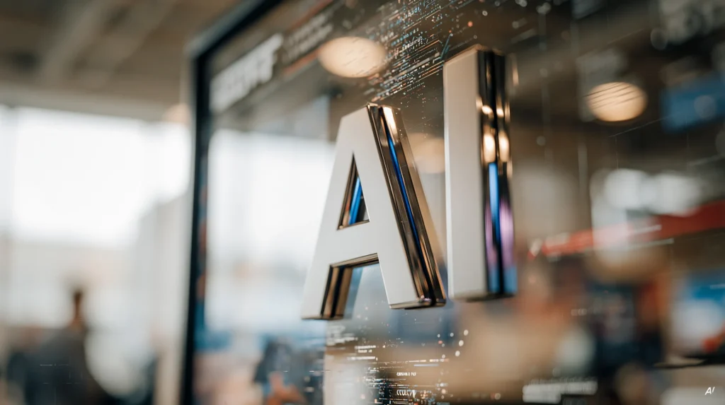 Metallische Buchstaben A und I auf einer Glasfläche, Raum dahinter unscharf