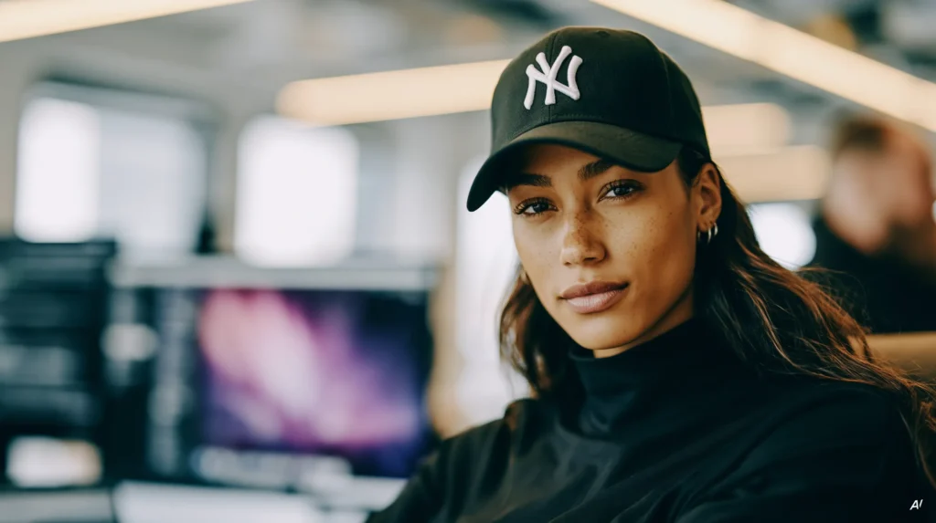 Frau mit schwarzer Baseballcap und schwarzem Rollkragen, Monitor mit lila Bild im Hintergrund