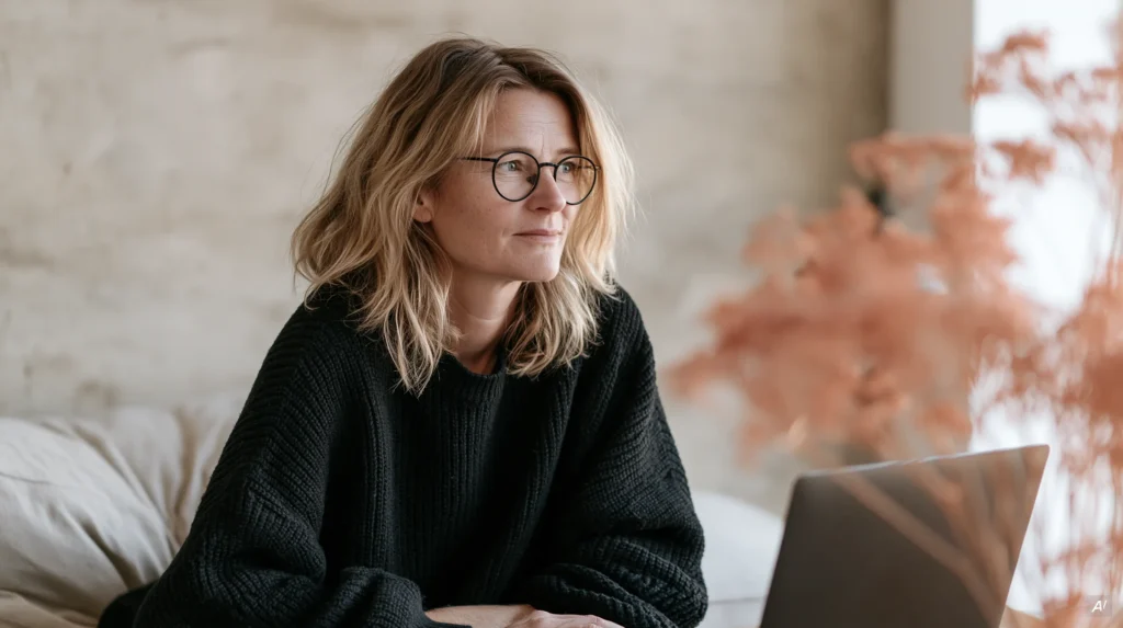Frau mit runder Brille und schwarzem Strickpullover sitzt am Laptop und blickt zur Seite