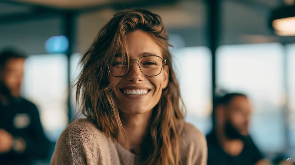 Frau mit Brille und beigem Strickpullover lacht, im Rücken eine helle Fensterfront