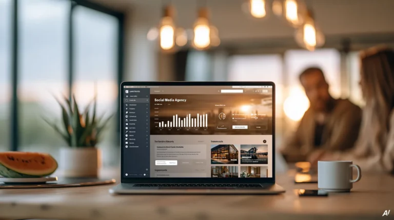 Laptop auf einem Holztisch zeigt ein Dashboard mit Balkendiagramm und Kennzahlen