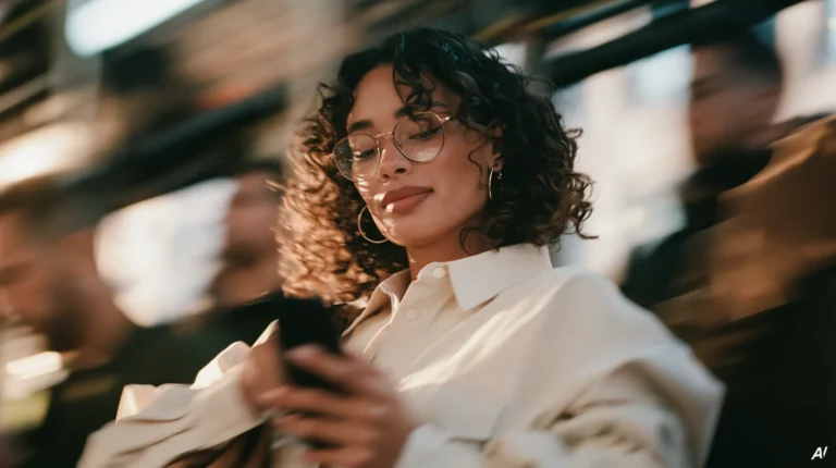 Frau mit Locken und Goldbrille schaut in einem warmen Innenraum lächelnd auf ihr Smartphone