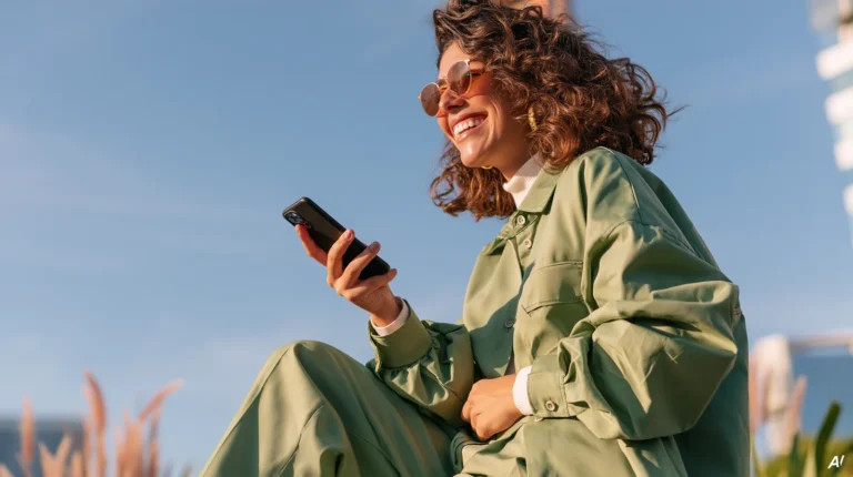 Lachende Frau mit Sonnenbrille hält ihr Smartphone in der Hand, dahinter blauer Himmel