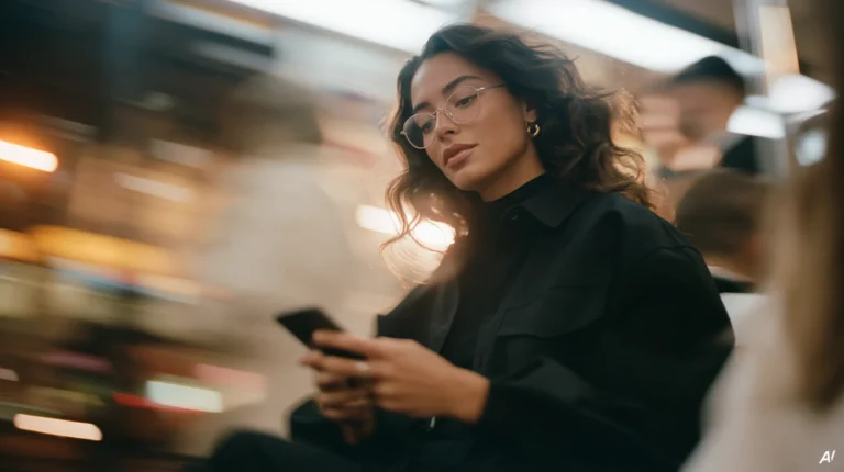 Frau mit Brille im schwarzen Hemd liest auf ihrem Smartphone, die Umgebung zieht unscharf vorbei