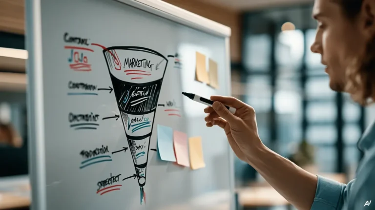 Person skizziert einen Marketing-Funnel mit Marker auf ein Whiteboard mit bunten Haftnotizen
