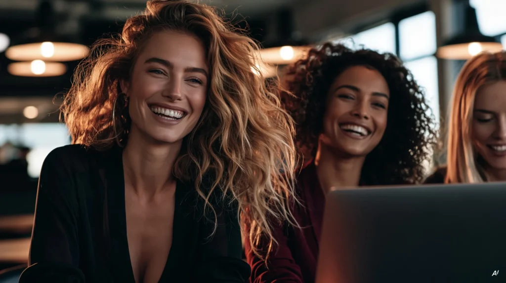 Drei lachende Frauen sitzen nebeneinander hinter einem aufgeklappten Laptop