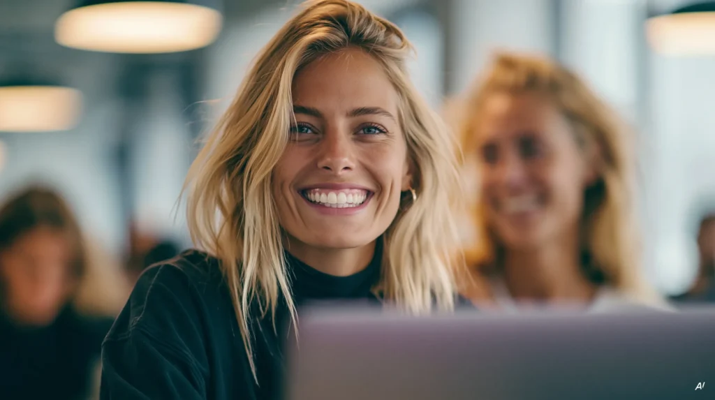 Blond lachende Frau im schwarzen Rollkragen hinter einem aufgeklappten Laptop