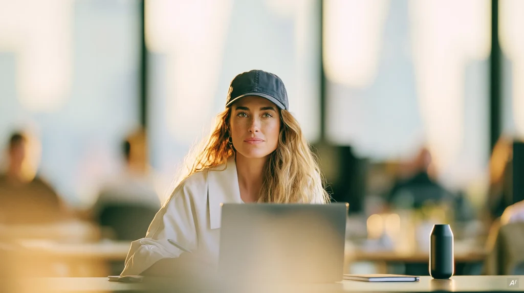 Frau mit Cap und heller Jacke sitzt hinter einem aufgeklappten Laptop in einem weitläufigen Büro