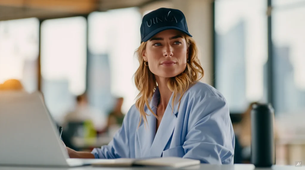 Frau mit dunkelblauer Cap mit Schriftzug und hellblauem Hemd sitzt am Laptop im hellen Büro