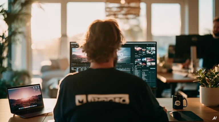 Blick über die Schulter auf einen Videoschnitt am großen Monitor im abendlich beleuchteten Büro