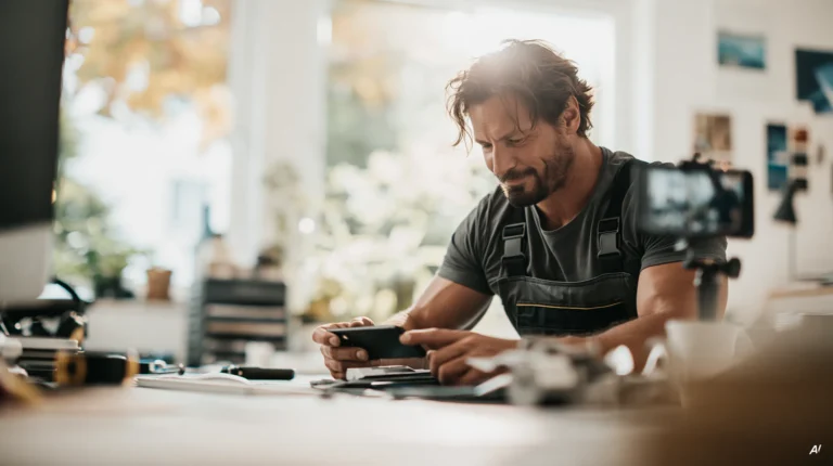 Handwerker in grauer Arbeitshose mit Trägern produziert im Büro Content mit einem Smartphone und einer Kamera auf einem Stativ