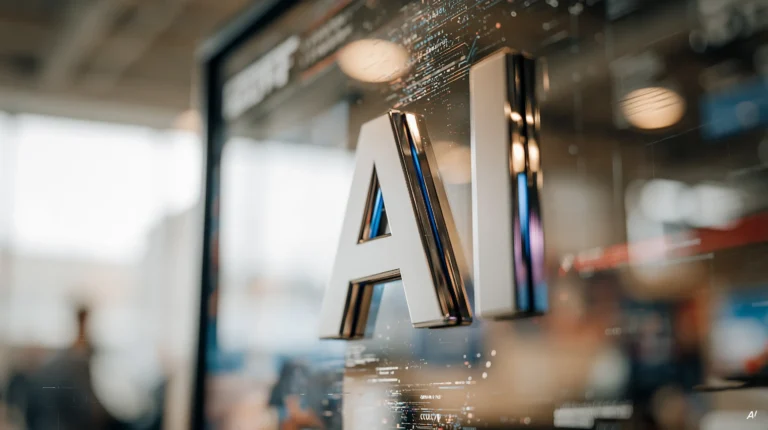 Metallische Buchstaben A und I auf einer Glasfläche, Büro dahinter unscharf