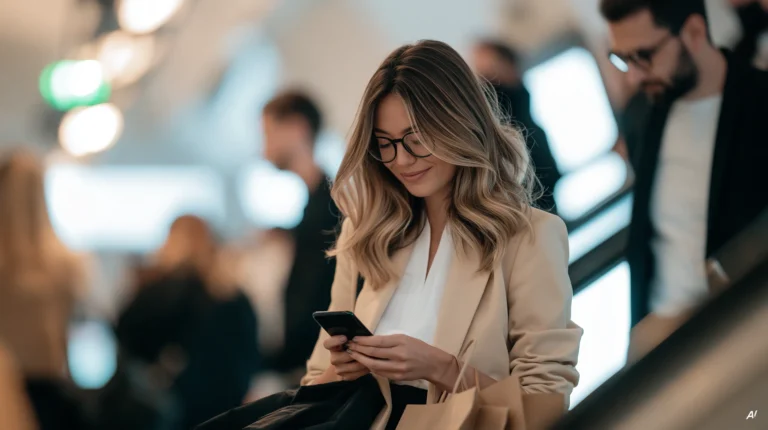 Frau mit Brille blickt lächelnd auf ihr Smartphone, im Hintergrund unscharfe Menschen