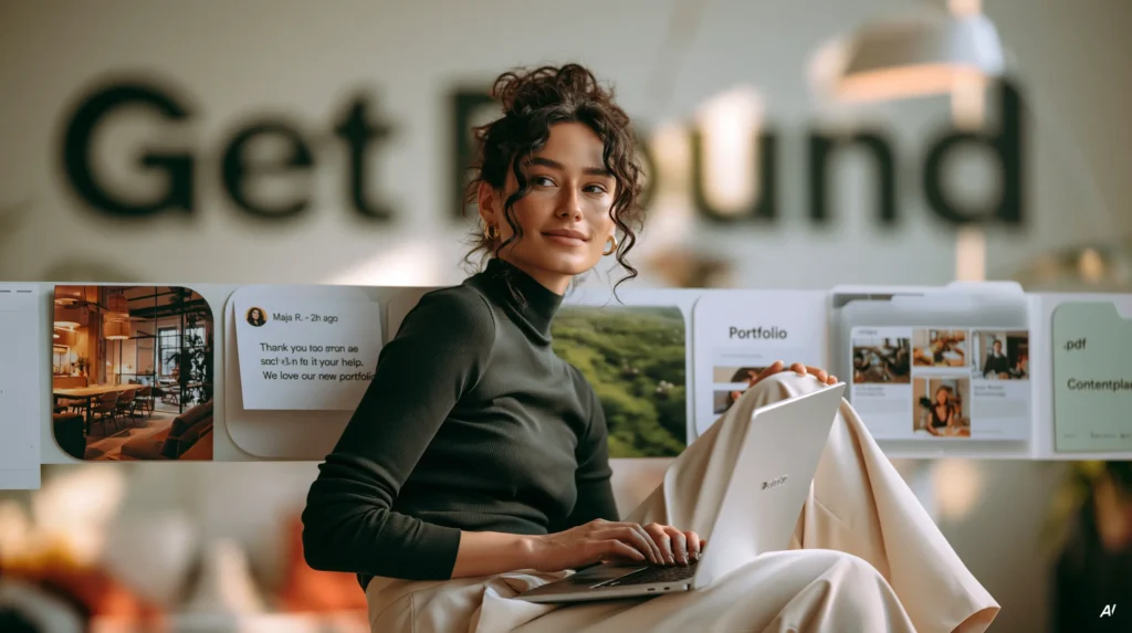 Frau mit Laptop vor einer Wand mit dem Schriftzug Get Found und Beispielen aus einem Social-Media-Auftritt