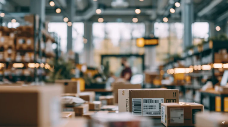 Pakete mit Barcode-Etiketten in einer Lagerhalle, Regale im Hintergrund unscharf